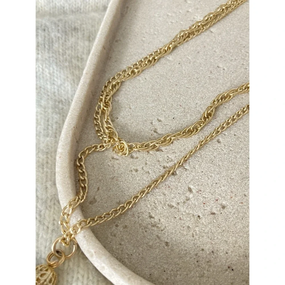 Vintage Hong Kong Gold Tone Multi‎ Chain Tassel Necklace Long Pendant Double